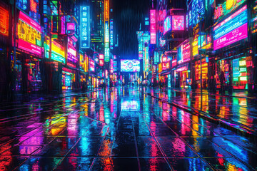 Futuristic cityscape illuminated by vibrant neon lights with holographic displays and reflections on wet streets