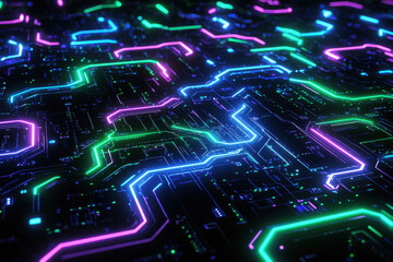 Fototapeta premium Futuristic neon circuits display intricate patterns in vibrant electric colors on a dark digital canvas