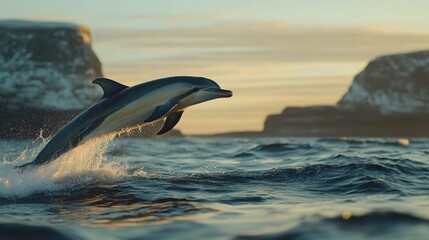 Obraz premium Majestic Dolphin Leap at Sunset over Rocky Coast
