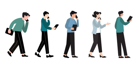 Flat design illustration of diverse business professionals walking and using mobile phones and tablets.