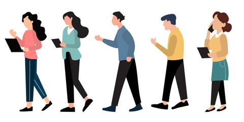 Obraz premium Flat illustration of five business professionals, walking and engaged in various activities, like working on laptops, talking on phones, and carrying documents.