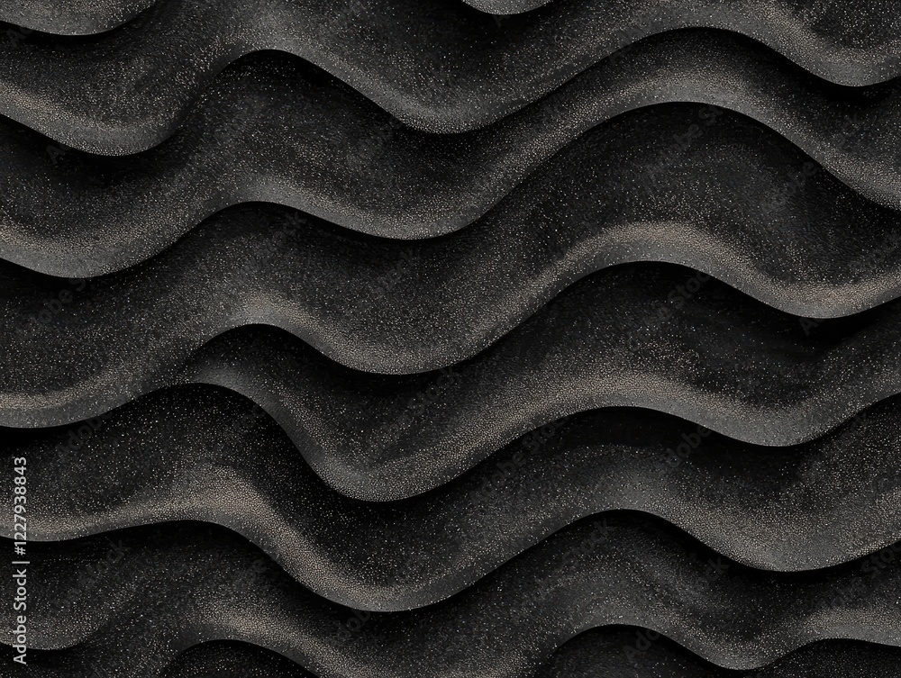 Poster wavy black texture: a close-up of an undulating black textured surface with repeating wave pattern. 