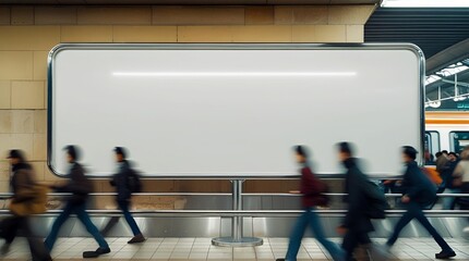 A large blank space on a billboard at a busy train station, with a clean white canvas suitable for any artwork, logo, or message