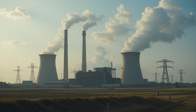Modern Nuclear Power Plant with Cooling Towers and Steam Emissions
