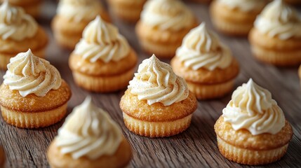 Mini cupcakes, vanilla frosting, wooden table, dessert spread, party