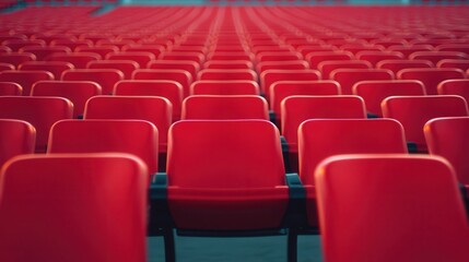 Fototapeta premium Rows of Red Stadium Seats: Awaiting the Crowd