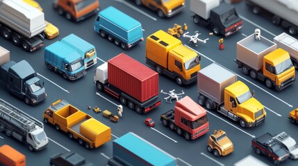 Transport isometric web banner with sedan or electric car, freight truck, forklift, refrigerator van and quadcoper. Different automobiles, transportation modes, machinery, 3d vector line art concept