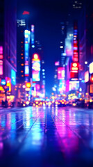 Obraz premium City Night Street, Neon Lights, Wet Pavement, Blurred Background, Advertisement