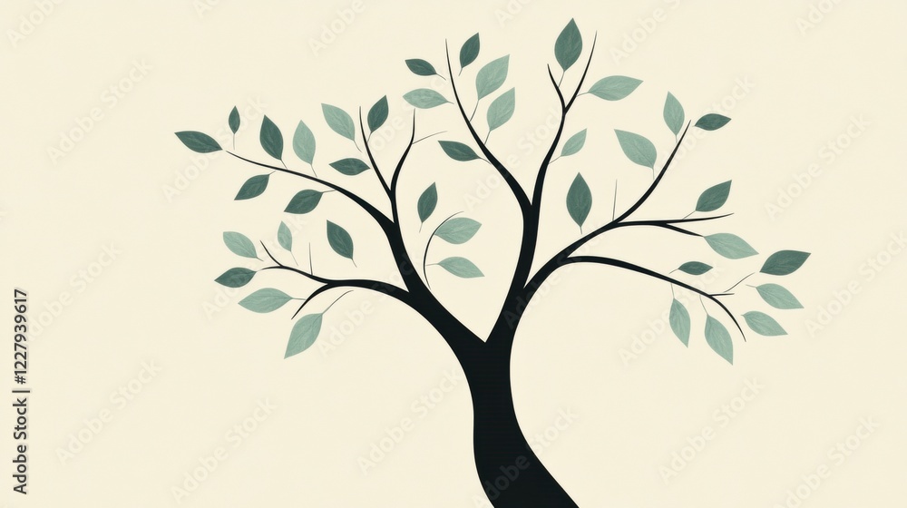 Poster stylized tree icon displaying branches and green leaves against a light background. generative ai