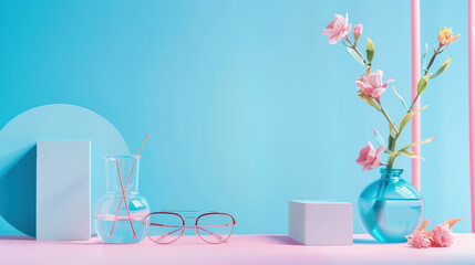 A minimalist arrangement of objects on a blue background.