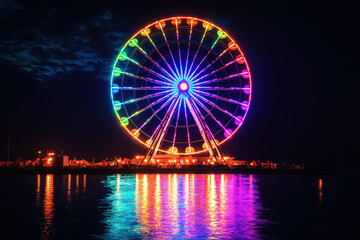 Glowing carnival ferris wheel adorned with multicolored lights against a dark night sky