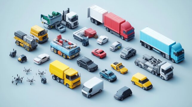 Transport isometric web banner with sedan or electric car, freight truck, forklift, refrigerator van and quadcoper. Different automobiles, transportation modes, machinery, 3d vector line art concept