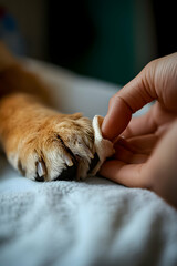 Caring for a pet's paw during grooming on a soft surface in a cozy setting