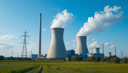 Modern Nuclear Power Plant with Cooling Towers and Steam Emissions