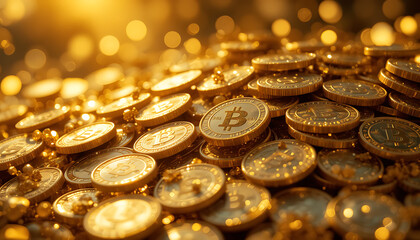Shiny Bitcoin Gold Coins &ndash; Cryptocurrency Wealth & Digital Assets 