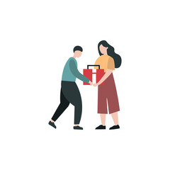 Fototapeta premium A simple, flat-design illustration depicts a man handing a red box to a woman.