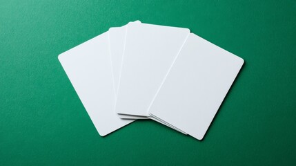 Playing cards mockup - realistic vector illustration set of four blank white paper or cardboard elements for poker game template. Empty mock up on green background for casino or gambling business.
