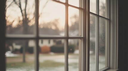 Fototapeta premium Sunlit winter scene viewed through a window pane.