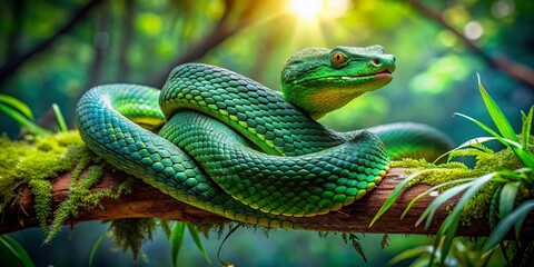 Fototapeta premium Green Viper Snake Rainforest Tree Branch Fangs Panoramic Wildlife Photography