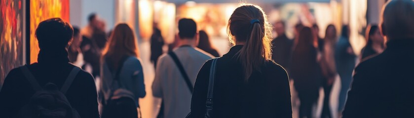 Visitors admire contemporary pieces in a bustling art gallery.