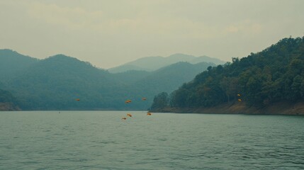 Calm lake surrounded by misty mountains and a few floating objects.