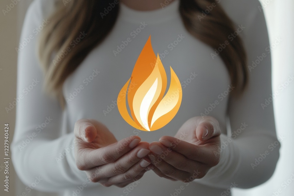 Fototapete representation of warmth and energy with a flame icon held in hands during a calm indoor setting. ge