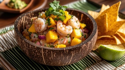 Delicious Shrimp Mango Ceviche in Coconut Bowl