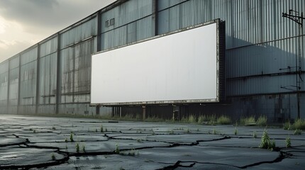 Obraz premium a white billboard placed on the side of a large industrial warehouse or factory, offering a clean and straightforward canvas in an empty, vast space