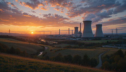 Obraz premium Modern Nuclear Power Plant with Cooling Towers and Steam Emissions