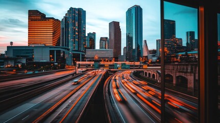 Obraz premium Cityscape at sunset, highway traffic light trails, urban buildings.
