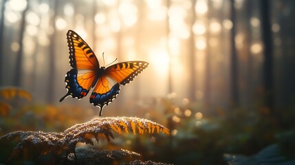 Obraz premium enchanting monarch butterfly in lush forest light