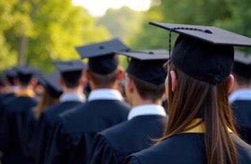Obraz premium Graduating students in caps and gowns gather joyfully in a beautiful spot under the bright sun