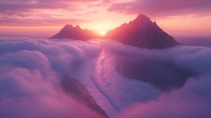 Majestic sunset over mountain peaks piercing clouds