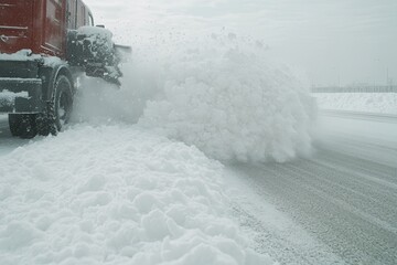 close-up photo of large snowblower attachment ejecting snow into truck clearing city road under overcast skies