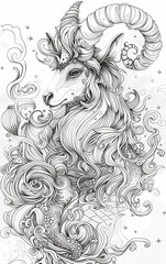 Aries Mandala Illustration. Antistress coloring book. Zentangle Style Aries Art Design. Drawing for Coloring Zodiac sign