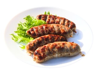 Grilled meat sausages on green salad leaves
