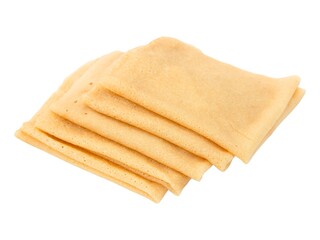 Stack of several folded fried delicious golden brown pancakes