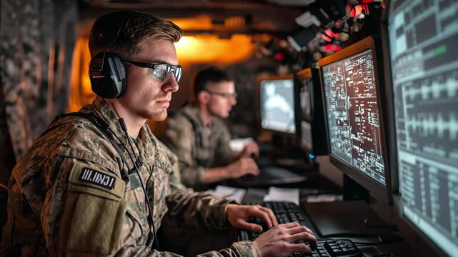 In a high-tech command post, military personnel work on obtaining intelligence, incorporating real-time surveillance, and upholding security procedures.