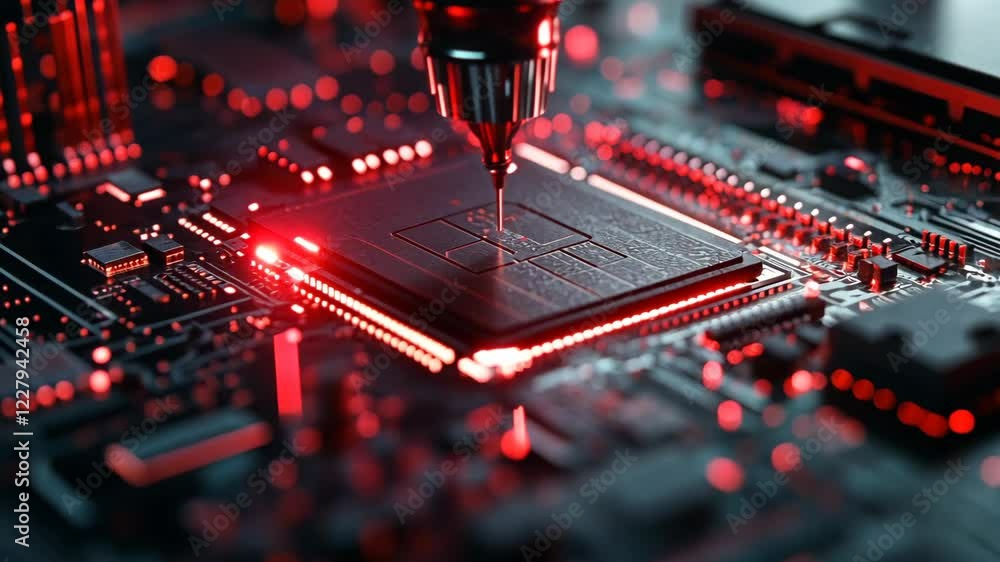 Poster Innovative circuit board with intricate design featuring a precision tool performing detailed work in a modern electronics lab