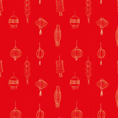 A Seamless Pattern Featuring Hand-Drawn Chinese Lanterns in Gold on a Red Background.