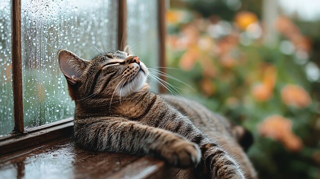 relaxing tabby cat sleeping by rainy window