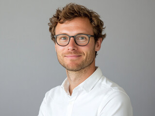Obraz premium .Headshot of an attractive European man in his early thirties with wavy hair and glasses,