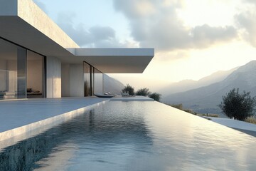 Modern Minimalist House with Infinity Pool Overlooking Mountains . A contemporary house featuring a pool, set against a backdrop of majestic mountains.