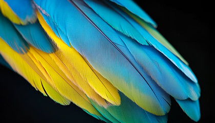 Obraz premium Beautiful bird feather on black background, closeup