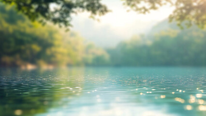 Blurry lake at sunrise with shimmering water