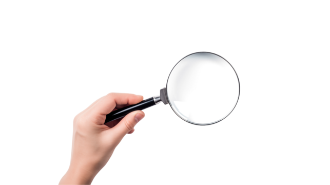 Hand holding magnifying glass isolated on Transparent 