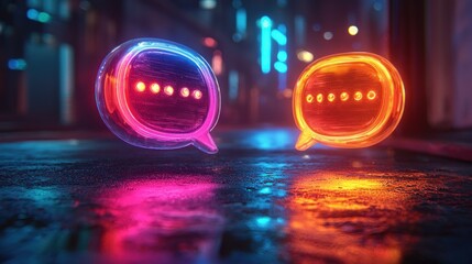 Neon chat bubbles glow in city alley; communication concept