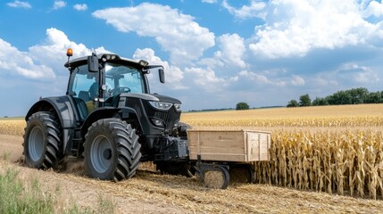 Fototapeta premium Farmer operates a tractor to plant corn seedlings in golden grain fields with a vibrant sky and clouds overhead