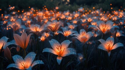 Obraz premium Glowing lilies field, night, fantasy, magical, background, wallpaper