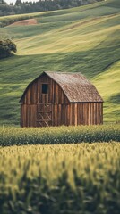 Obraz premium Rustic Wooden Barn in a Rolling Green Field